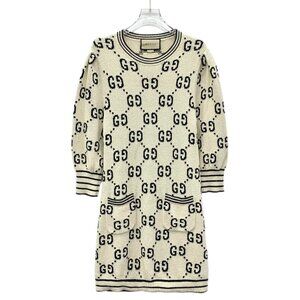 Gucci Beige logo jacquard all-over print cotton knit long-sleeve dress